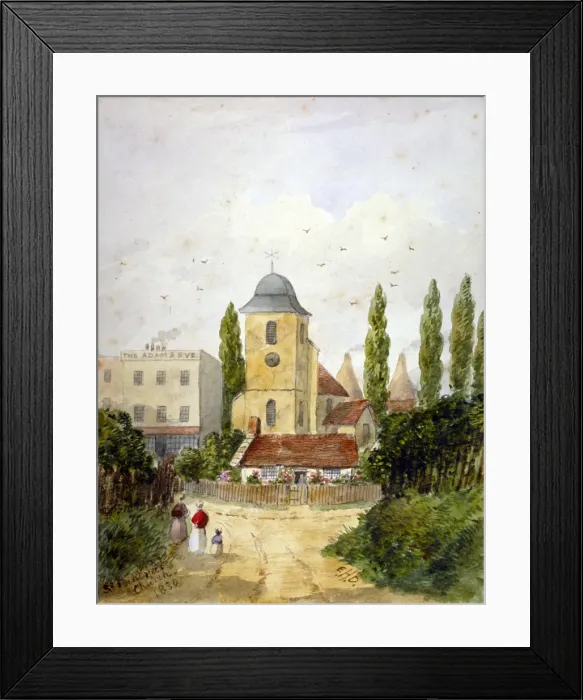 Framed Print : St Pancras Old Church and the Adam and Eve Tavern, London, 1830. Artist Framed Print : St Pancras Old Church and the Adam and Eve Tavern, London, 1830. Artist