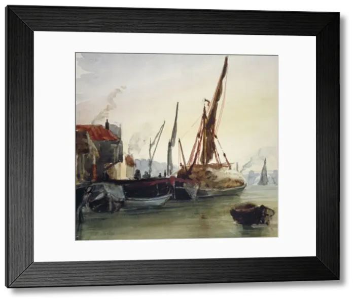 Framed Print : View of boats moored on the River Thames at Bankside, Southwark, London, c1830 Framed Print : View of boats moored on the River Thames at Bankside, Southwark, London, c1830