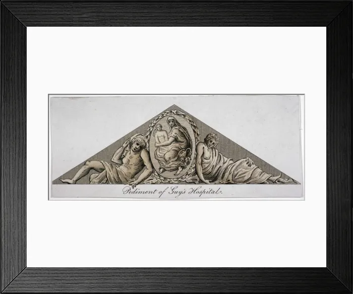 Framed Print : Pediment of Guys Hospital, Southwark, London, c1800 Framed Print : Pediment of Guys Hospital, Southwark, London, c1800