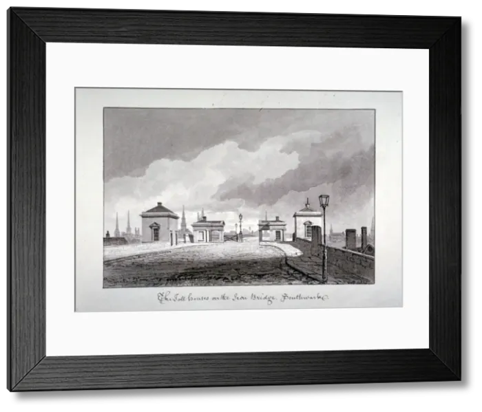 Framed Print : Toll houses on Southwark Bridge, London, 1827. Artist: John Chessell Buckler Framed Print : Toll houses on Southwark Bridge, London, 1827. Artist: John Chessell Buckler