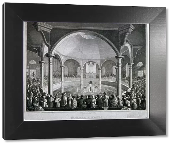 Interior view of Surrey Chapel with a service taking place, Southwark, London, c1815