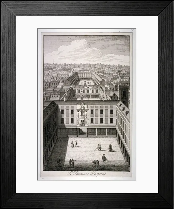 Framed Print : A bird s-eye view of St Thomass Hospital in Southwark, London, c1825. Artist: Toms Framed Print : A bird s-eye view of St Thomass Hospital in Southwark, London, c1825. Artist: Toms