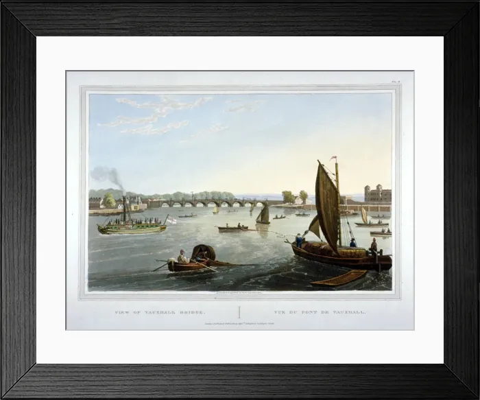 Framed Print : Water craft on the River Thames with Vauxhall Bridge in the distance, London, 1821 Framed Print : Water craft on the River Thames with Vauxhall Bridge in the distance, London, 1821