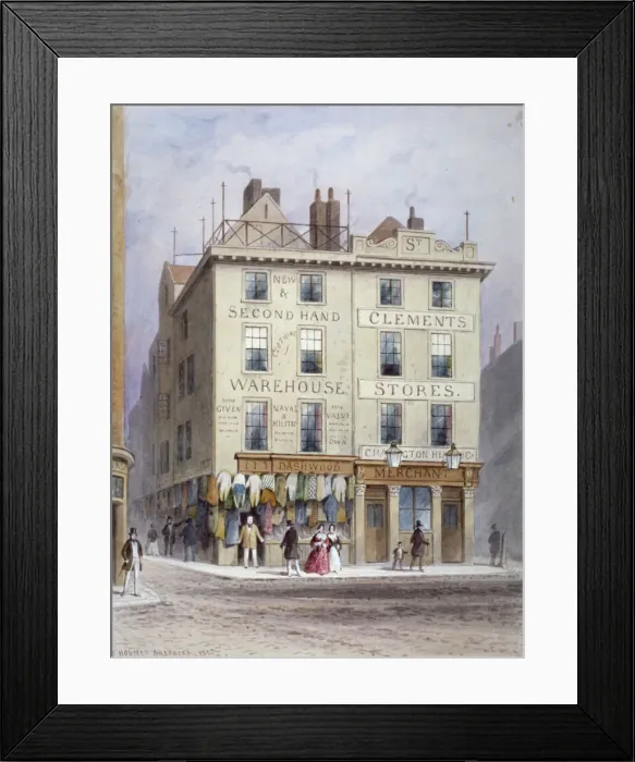 Framed Print : Clements Stores at the junction of Holywell Street and Wych Street, Westminster, London, 1855 Framed Print : Clements Stores at the junction of Holywell Street and Wych Street, Westminster, London, 1855