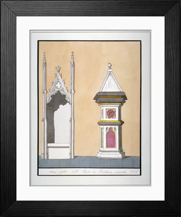Framed Print : Stone stall and font in All Saints Church, Fulham, London, c1800 Framed Print : Stone stall and font in All Saints Church, Fulham, London, c1800