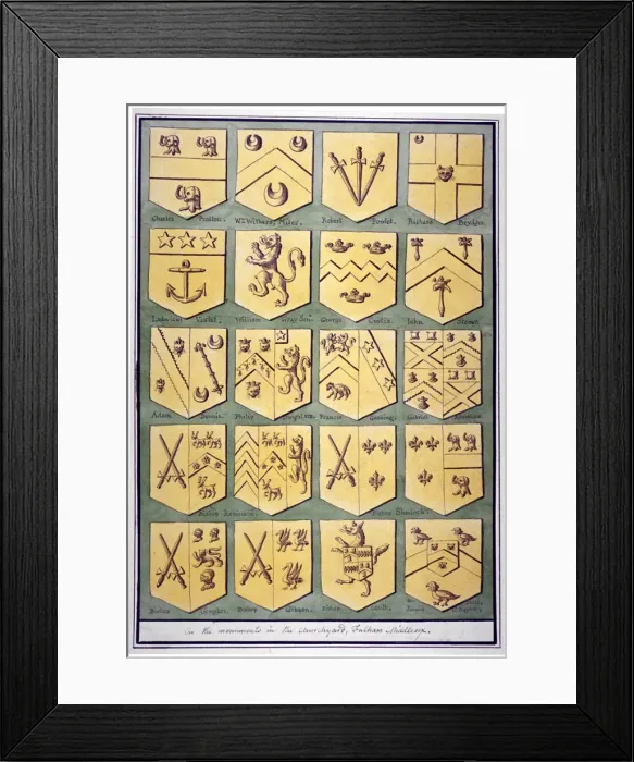 Framed Print : Twenty coats of arms from monuments in the churchyard of All Saints, Fulham, London, c1800 Framed Print : Twenty coats of arms from monuments in the churchyard of All Saints, Fulham, London, c1800