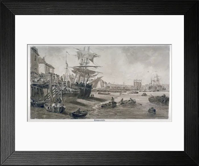 Framed Print : Old houses and boats on the riverbank at low tide, Greenwich, London, c1823 Framed Print : Old houses and boats on the riverbank at low tide, Greenwich, London, c1823