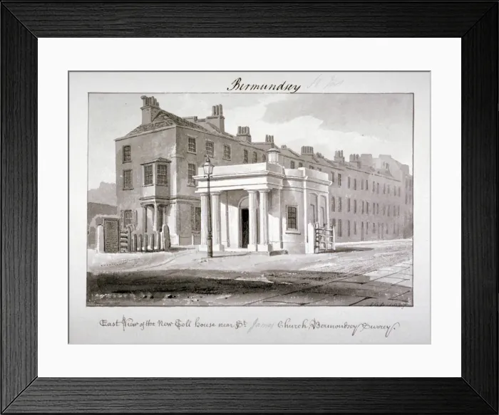 Framed Print : East view of the new toll house near St James Church, Bermondsey, London, 1827 Framed Print : East view of the new toll house near St James Church, Bermondsey, London, 1827