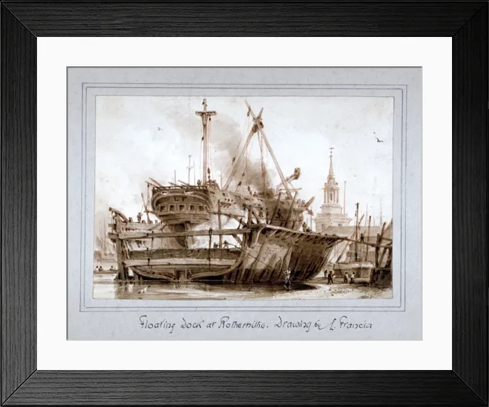 Framed Print : Floating dock at Rotherhithe, London, c1810. Artist: Francois Louis Thomas Francia Framed Print : Floating dock at Rotherhithe, London, c1810. Artist: Francois Louis Thomas Francia