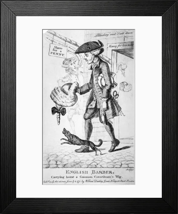 Framed Print : English barber, carrying home a common councilmans wig, 1771. Artist: PS Framed Print : English barber, carrying home a common councilmans wig, 1771. Artist: PS