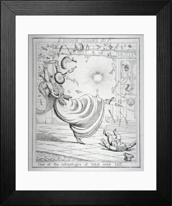 Framed Print : One of the Advantages of Gas over Oil, 1821. Artist: Richard Dighton Framed Print : One of the Advantages of Gas over Oil, 1821. Artist: Richard Dighton
