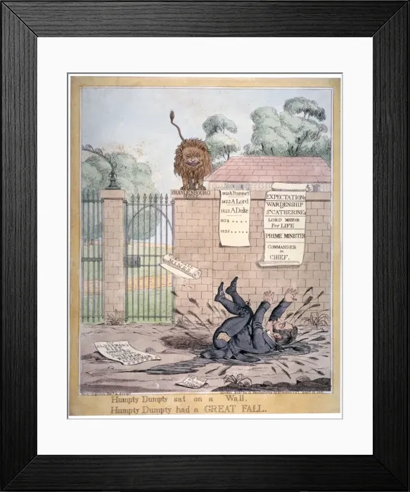 Framed Print : Humpty Dumpty sat on a Wall... 1821. Artist: Richard Dighton Framed Print : Humpty Dumpty sat on a Wall... 1821. Artist: Richard Dighton