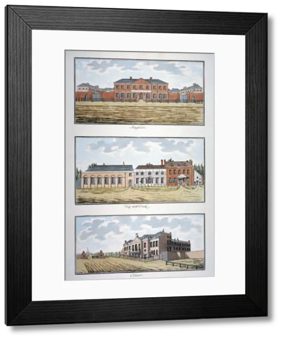 Framed Print : Three buildings in St Georges Fields, Southwark, London, c1790. Artist: Thomas Trotter Framed Print : Three buildings in St Georges Fields, Southwark, London, c1790. Artist: Thomas Trotter