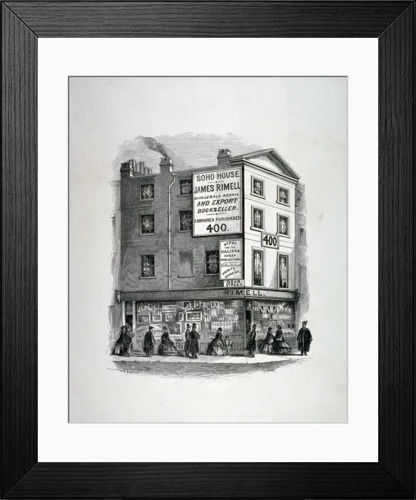 Framed Print : James Rimells bookshop, Soho House, corner of Dean Street and Oxford Street, London, c1860 Framed Print : James Rimells bookshop, Soho House, corner of Dean Street and Oxford Street, London, c1860