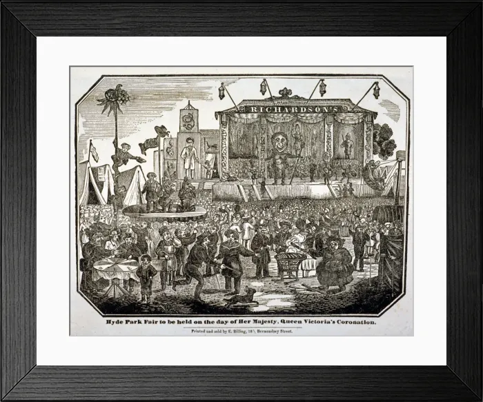 Framed Print : A fair held at Hyde Park during Queen Victorias coronation in 1838 Framed Print : A fair held at Hyde Park during Queen Victorias coronation in 1838