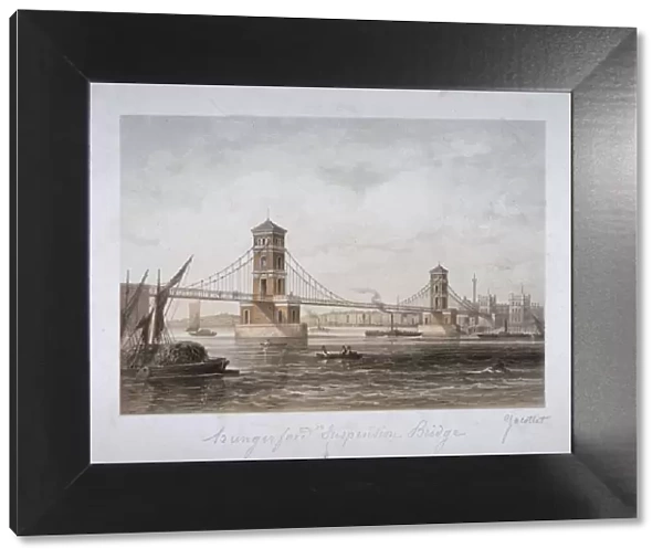 View of Hungerford Suspension Bridge and boats on the River Thames, London, 1854
