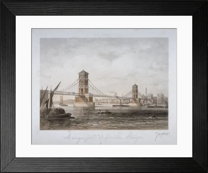 Framed Print : View of Hungerford Suspension Bridge and boats on the River Thames, London, 1854 Framed Print : View of Hungerford Suspension Bridge and boats on the River Thames, London, 1854