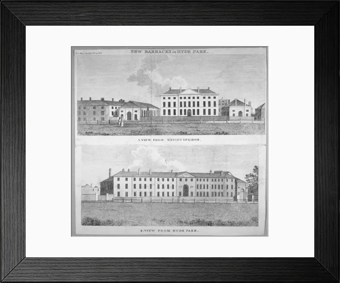 Framed Print : Two views of the new barracks in Hyde Park, London, 1797. Artist Framed Print : Two views of the new barracks in Hyde Park, London, 1797. Artist