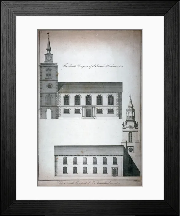 Framed Print : Two 17th century London churches, c1750. Artist Framed Print : Two 17th century London churches, c1750. Artist