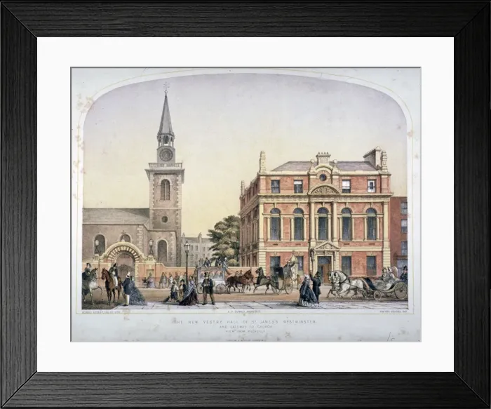 Framed Print : St Jamess Church, Piccadilly and the new vestry hall, London, c1856 Framed Print : St Jamess Church, Piccadilly and the new vestry hall, London, c1856