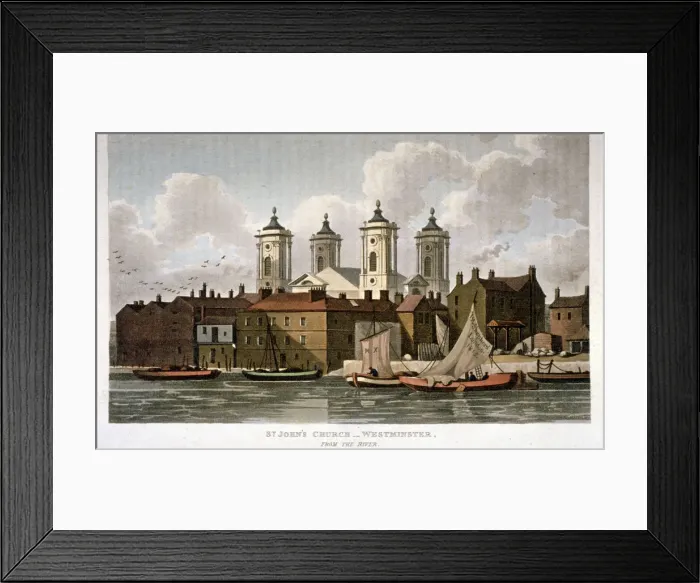 Framed Print : Church of St John the Evangelist from the River Thames, Westminster, London, 1815 Framed Print : Church of St John the Evangelist from the River Thames, Westminster, London, 1815