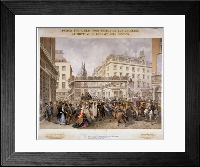 Framed Print : Design for a new footbridge at the crossing Ludgate Hill and Fleet Street, City of London, 1862 Framed Print : Design for a new footbridge at the crossing Ludgate Hill and Fleet Street, City of London, 1862