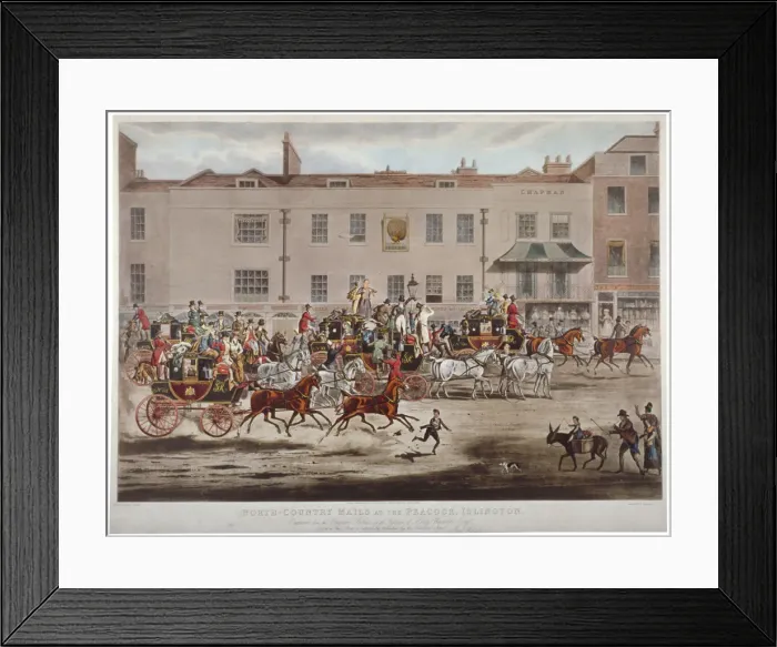 Framed Print : Mail coaches in front of the Peacock Inn on Islington High Street, London, 1823 Framed Print : Mail coaches in front of the Peacock Inn on Islington High Street, London, 1823