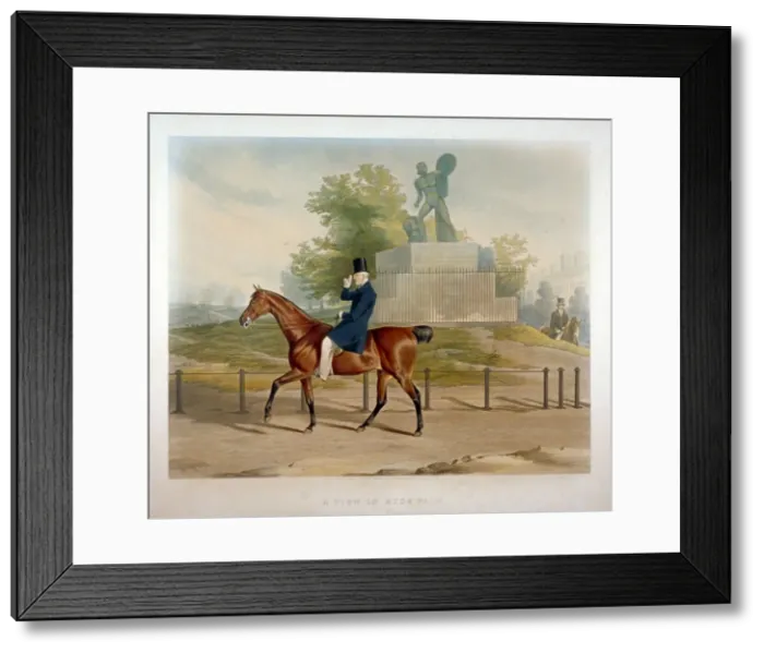 Framed Print : The Duke of Wellington riding past the Achilles statue in Hyde Park, London, 1844 Framed Print : The Duke of Wellington riding past the Achilles statue in Hyde Park, London, 1844
