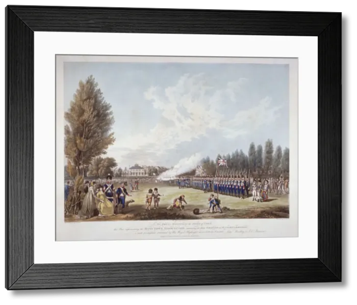Framed Print : The Hans-Town Association exercising at their ground in Knightsbridge, London, 1799 Framed Print : The Hans-Town Association exercising at their ground in Knightsbridge, London, 1799