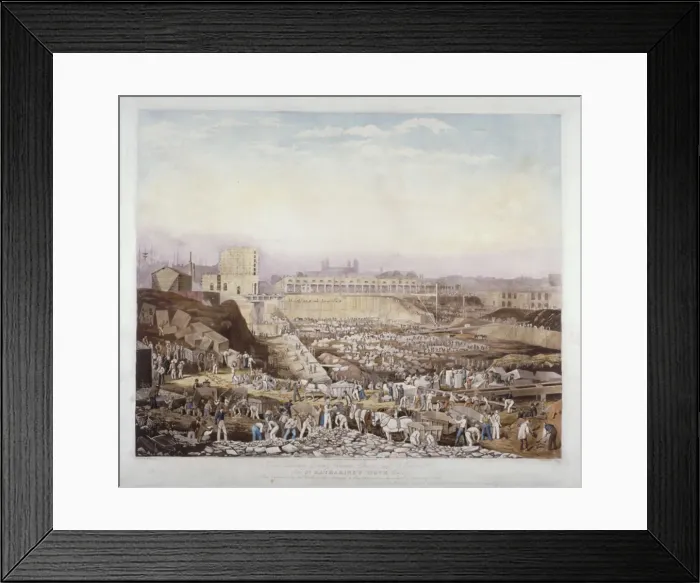 Framed Print : View of construction work at St Katherines Dock, Stepney, London, January, 1828 Framed Print : View of construction work at St Katherines Dock, Stepney, London, January, 1828