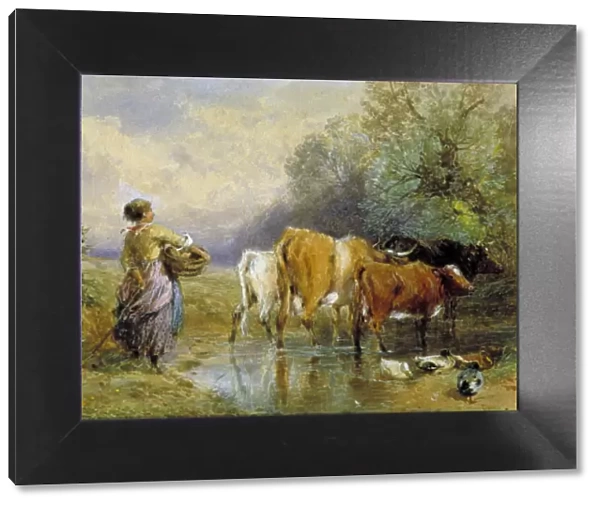 A Girl driving Cattle across a Stream, 19th century. Artist: Myles Birket Foster