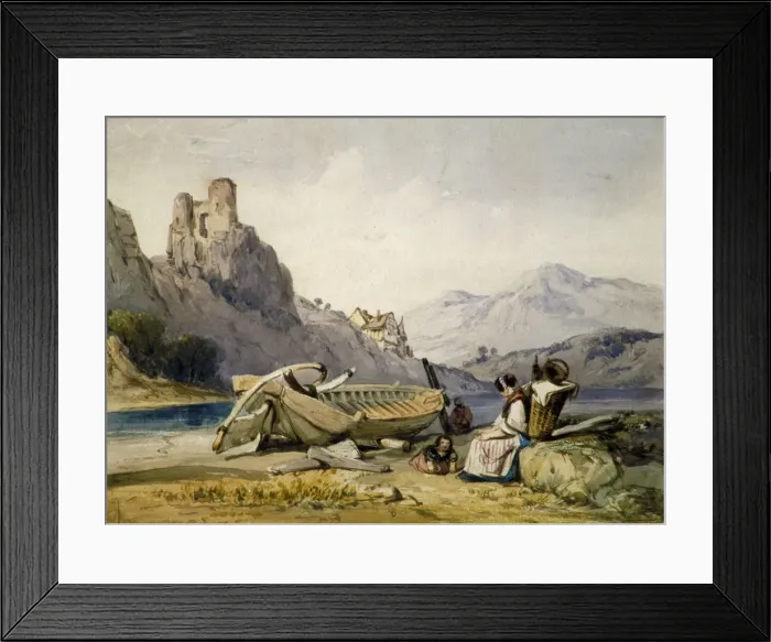 Framed Print : Figures and a boat on the shore of a lake, a house and ruined castle in the background, c1830s Framed Print : Figures and a boat on the shore of a lake, a house and ruined castle in the background, c1830s