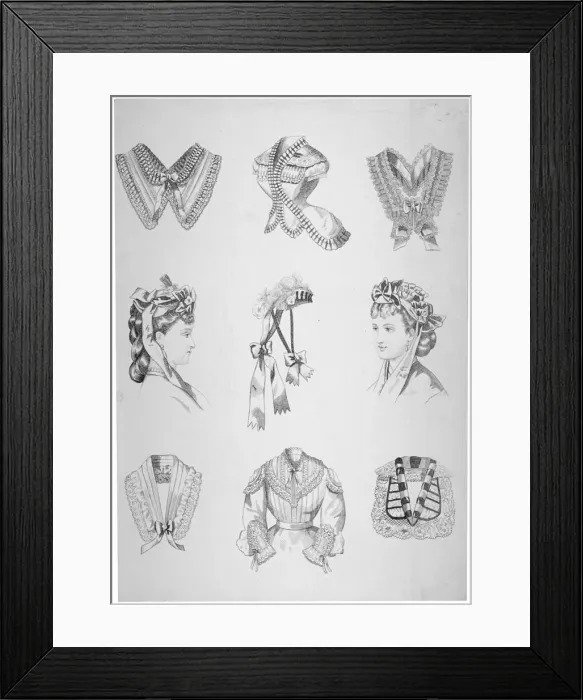 Framed Print : Nine vignettes of collars, hats and bodices, 1872 Framed Print : Nine vignettes of collars, hats and bodices, 1872