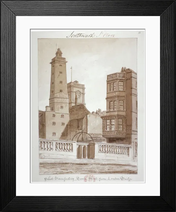 Framed Print : Shot Manufactory, Tooley Street, from London Bridge, Bermondsey, London, 1828 Framed Print : Shot Manufactory, Tooley Street, from London Bridge, Bermondsey, London, 1828