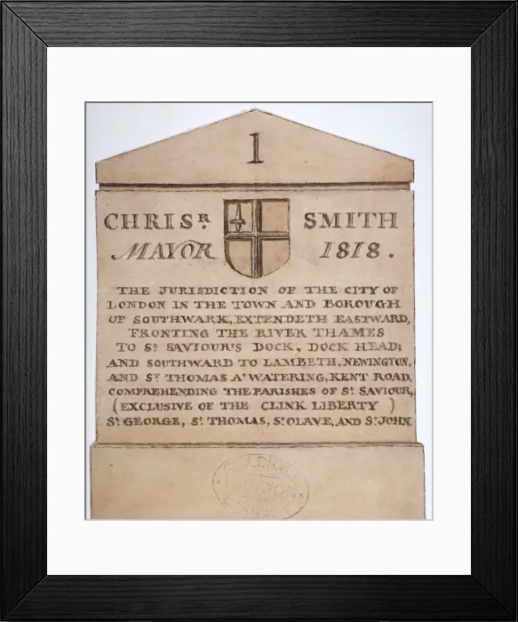 Framed Print : Boundary stone between the City of London and the borough of Southwark, London, c1820 Framed Print : Boundary stone between the City of London and the borough of Southwark, London, c1820