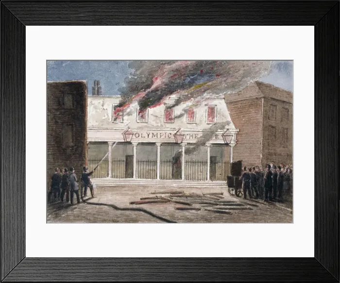 Framed Print : Fire at the Olympic Theatre, Wych Street, Westminster, London, 1849. Artist: J Maund