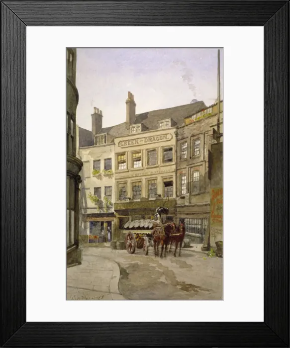 Framed Print : View of no 11 St Andrews Hill and the Green Dragon Inn with a cart of barrels, London, 1888 Framed Print : View of no 11 St Andrews Hill and the Green Dragon Inn with a cart of barrels, London, 1888