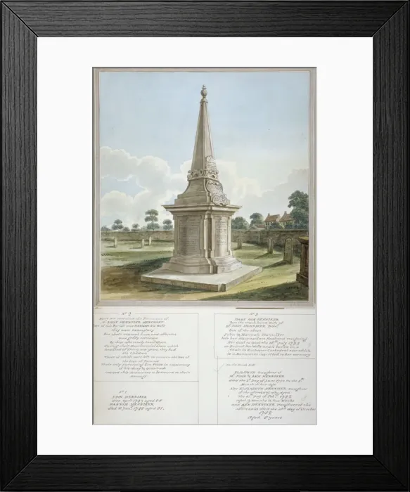 Framed Print : Monument to the Henniker family, churchyard of All Saints, West Ham, Newham, London, c1800 Framed Print : Monument to the Henniker family, churchyard of All Saints, West Ham, Newham, London, c1800