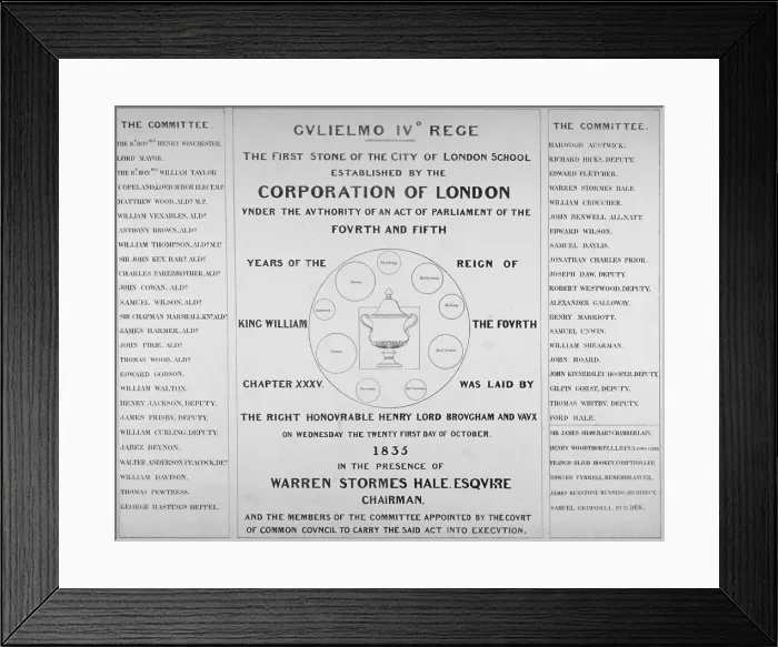Framed Print : Copy of the inscription from the first stone of the City of London School, 1835. Artist Framed Print : Copy of the inscription from the first stone of the City of London School, 1835. Artist