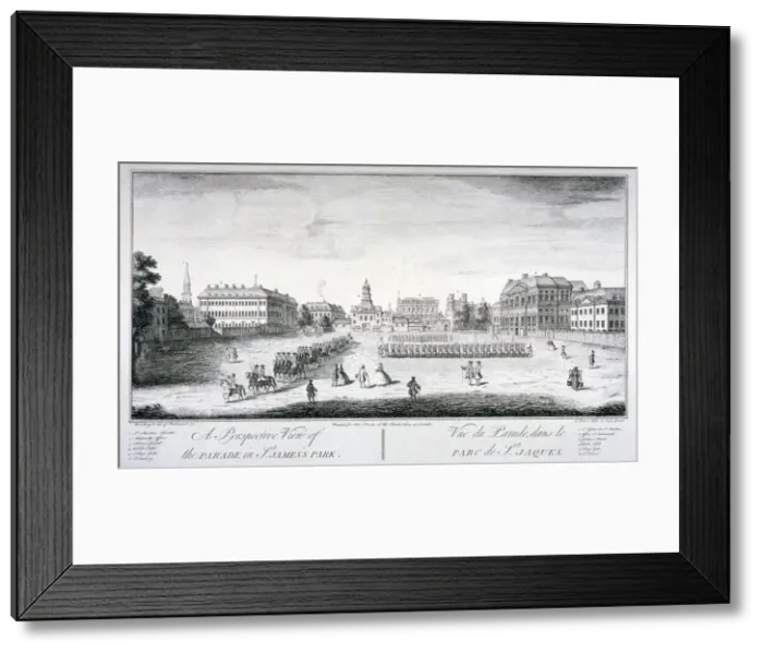 Framed Print : Horse Guards Parade from St Jamess Park, Westminster, London, 1740. Artist: John Maurer Framed Print : Horse Guards Parade from St Jamess Park, Westminster, London, 1740. Artist: John Maurer