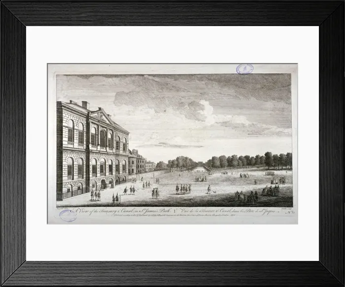 Framed Print : The Treasury and the canal in St Jamess Park, Westminster, London, 1755. Artist Framed Print : The Treasury and the canal in St Jamess Park, Westminster, London, 1755. Artist