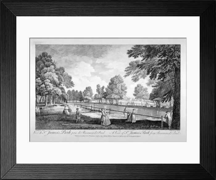 Framed Print : View of St Jamess Park from Rosamonds Pond, Westminster, London, 1745. Artist Framed Print : View of St Jamess Park from Rosamonds Pond, Westminster, London, 1745. Artist