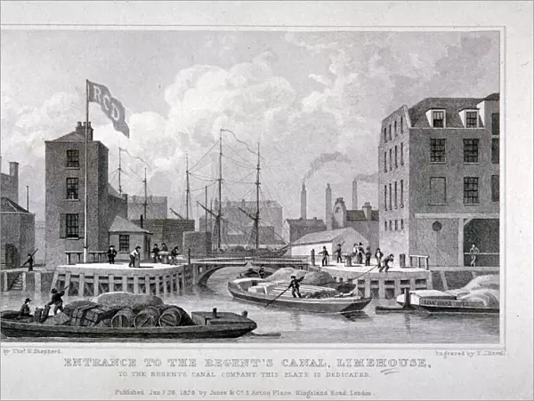 Entrance to Regents Canal Dock, Limehouse, London, 1828. Artist: Frederick James Havell