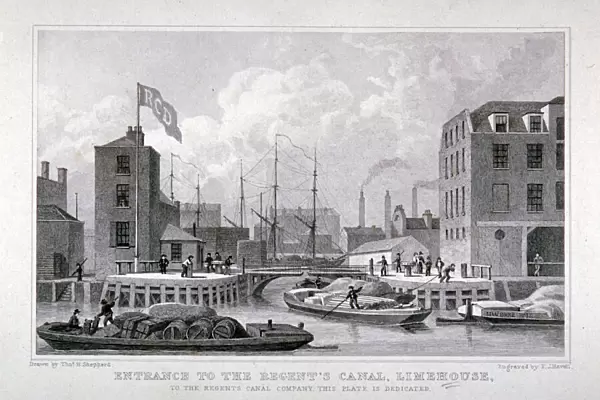 Entrance to Regents Canal Dock, Limehouse, London, 1828. Artist: Frederick James Havell
