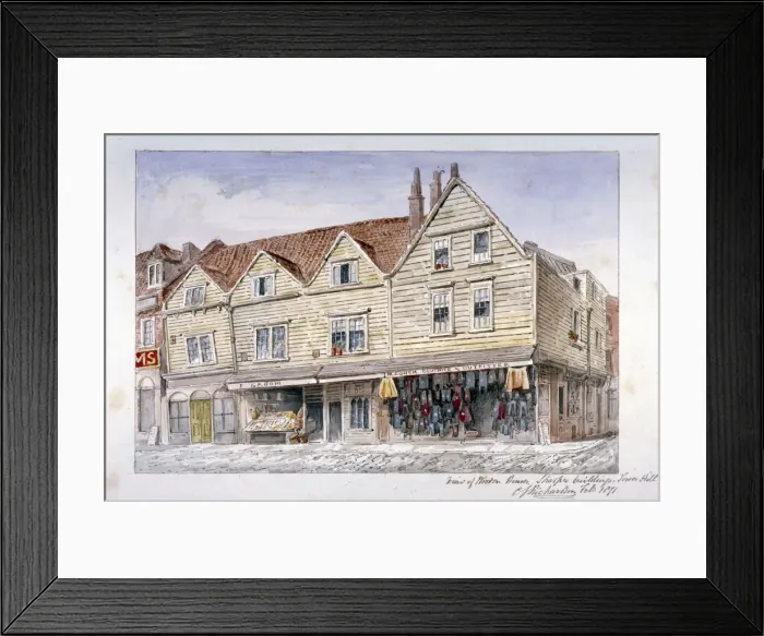Framed Print : Wooden shop fronts described as Sharpss Buildings, Royal Mint Street, Stepney, London Framed Print : Wooden shop fronts described as Sharpss Buildings, Royal Mint Street, Stepney, London