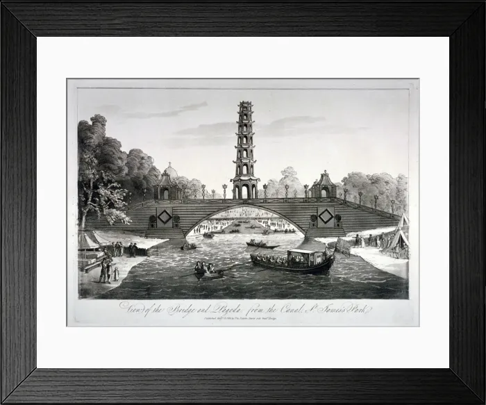 Framed Print : Chinese bridge and pagoda, St Jamess Park, Westminster, London, 1814 Framed Print : Chinese bridge and pagoda, St Jamess Park, Westminster, London, 1814