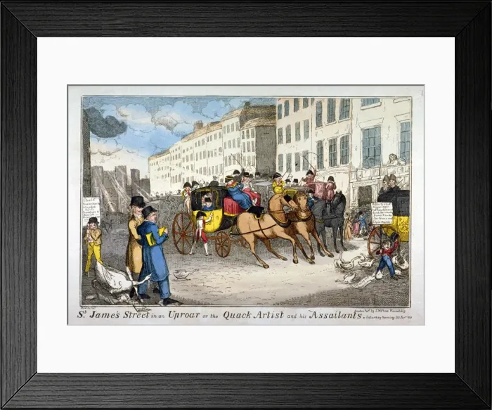 Framed Print : St James Street in an uproar, or the quack artist and his assailants, 1819. Artist Framed Print : St James Street in an uproar, or the quack artist and his assailants, 1819. Artist