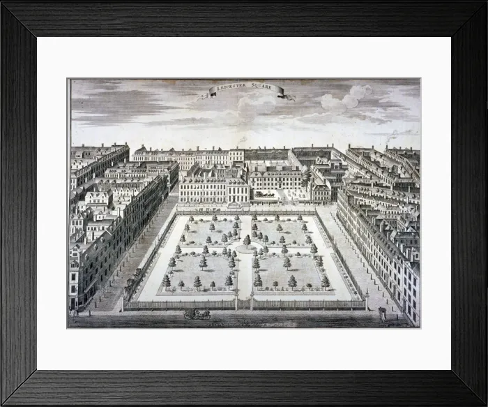 Framed Print : Bird s-eye view of Leicester Square, Westminster, London, c1750. Artist: Sutton Nicholls Framed Print : Bird s-eye view of Leicester Square, Westminster, London, c1750. Artist: Sutton Nicholls