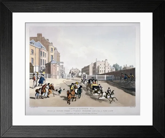 Framed Print : Entrance to Oxford Street at the Tyburn Turnpike, London, 1798. Artist: Heinrich Schutz Framed Print : Entrance to Oxford Street at the Tyburn Turnpike, London, 1798. Artist: Heinrich Schutz