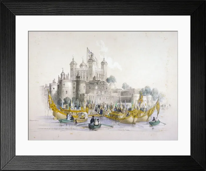 Framed Print : Lord Mayor Thomas Johnson and his entourage embarking from the Tower of London, 1840 Framed Print : Lord Mayor Thomas Johnson and his entourage embarking from the Tower of London, 1840
